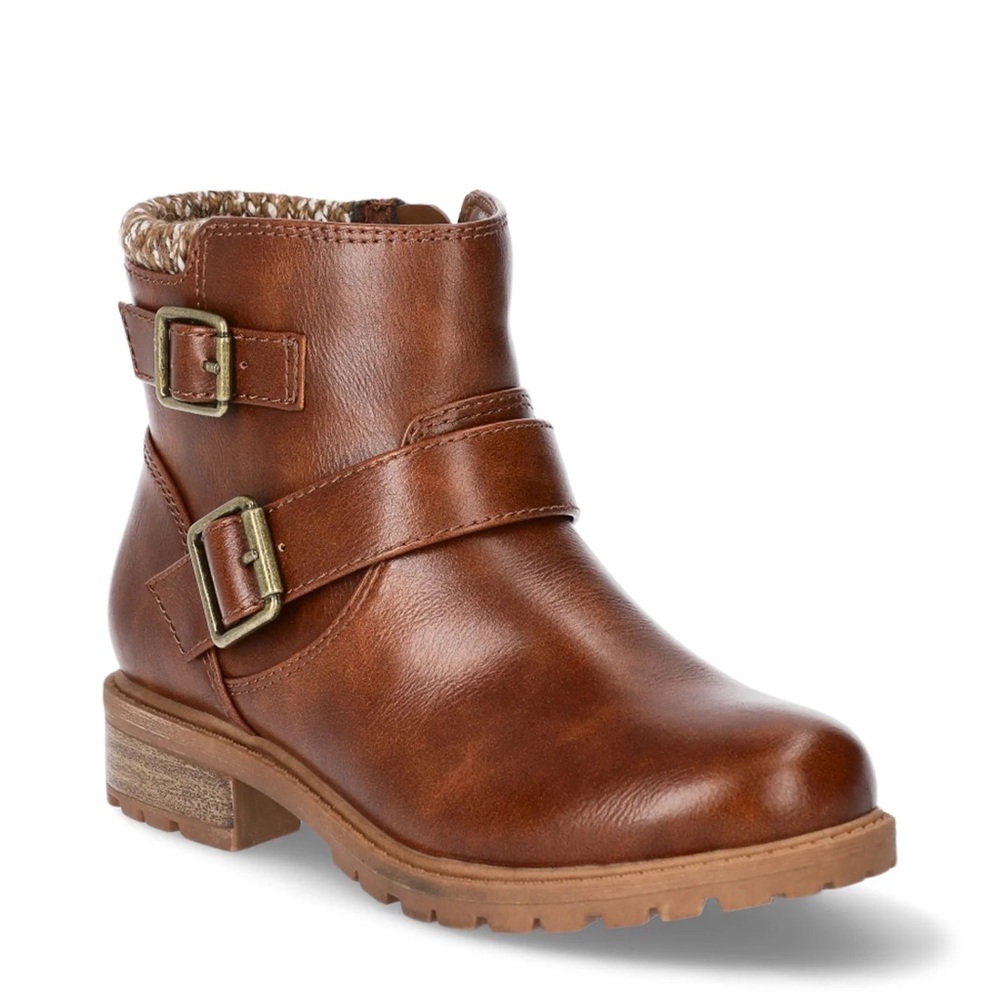 Madden Girl JKayce Brown Sweater Knit Ankle Boots with Buckle Detail, Size 1
